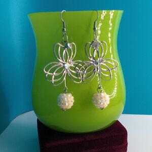 Silver floral with white shiny disco ball crystal dangle earrings